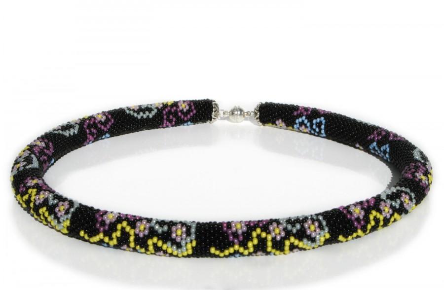زفاف - Beaded crochet rope necklace - Black necklace with small flowers pattern - Elegant necklace - Seed beads jewelry - Handmade jewellery