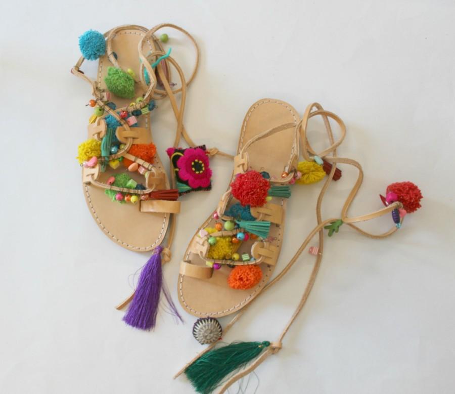 Hochzeit - Pompom Sandals/Boho sandals