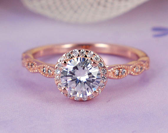 زفاف - 0.96 ctw Round Halo Ring, Man Made Diamond Sterling Silver Engagement Wedding Ring, Rose Gold Plated_ sv2196