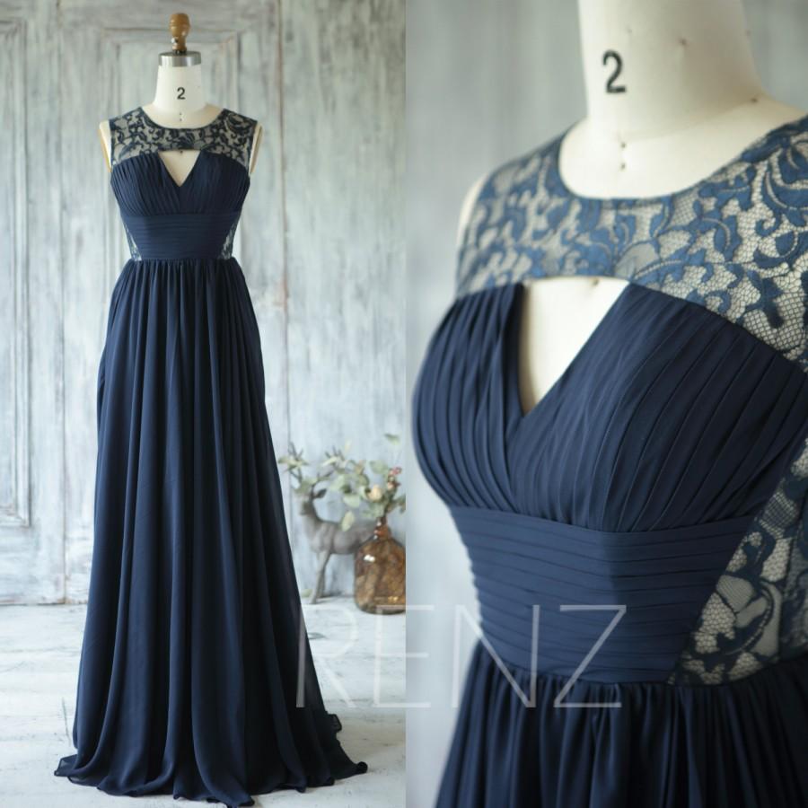 زفاف - 2016 Navy Blue Bridesmaid Dress, V Neck Hollow Wedding Dress, Lace Back Prom Dress, Long Chiffon Formal Dress Floor Length (G172)