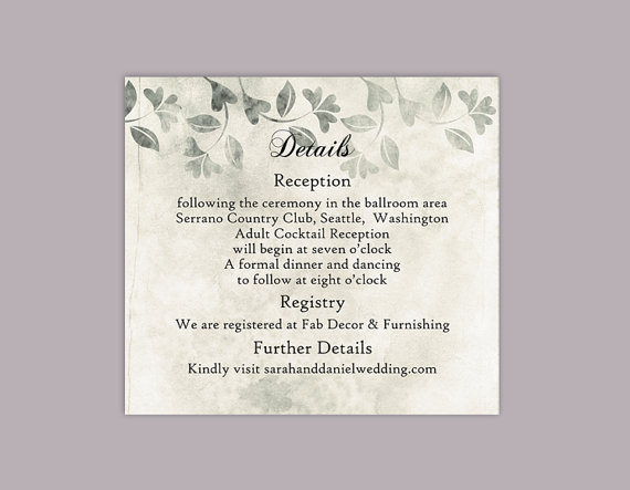 Свадьба - DIY Rustic Wedding Details Card Template Editable Word File Download Printable Leaf Details Card Gray Silver Details Card Enclosure Card