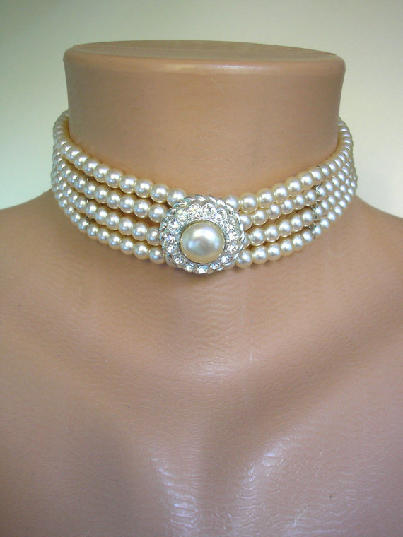 Hochzeit - Pearl Choker, Wedding Pearl Necklace, Bridal Jewelry, Statement Necklace, Great Gatsby Jewelry, Rhinestone Choker, Art Deco, Downton Abbey