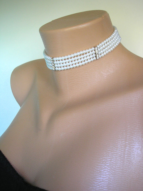 Hochzeit - White Pearl Choker, Pearl Necklace, Mother of the Bride, Great Gatsby, Art Deco, Wedding Necklace, Bridal Choker, 4 Strand, Downton Abbey