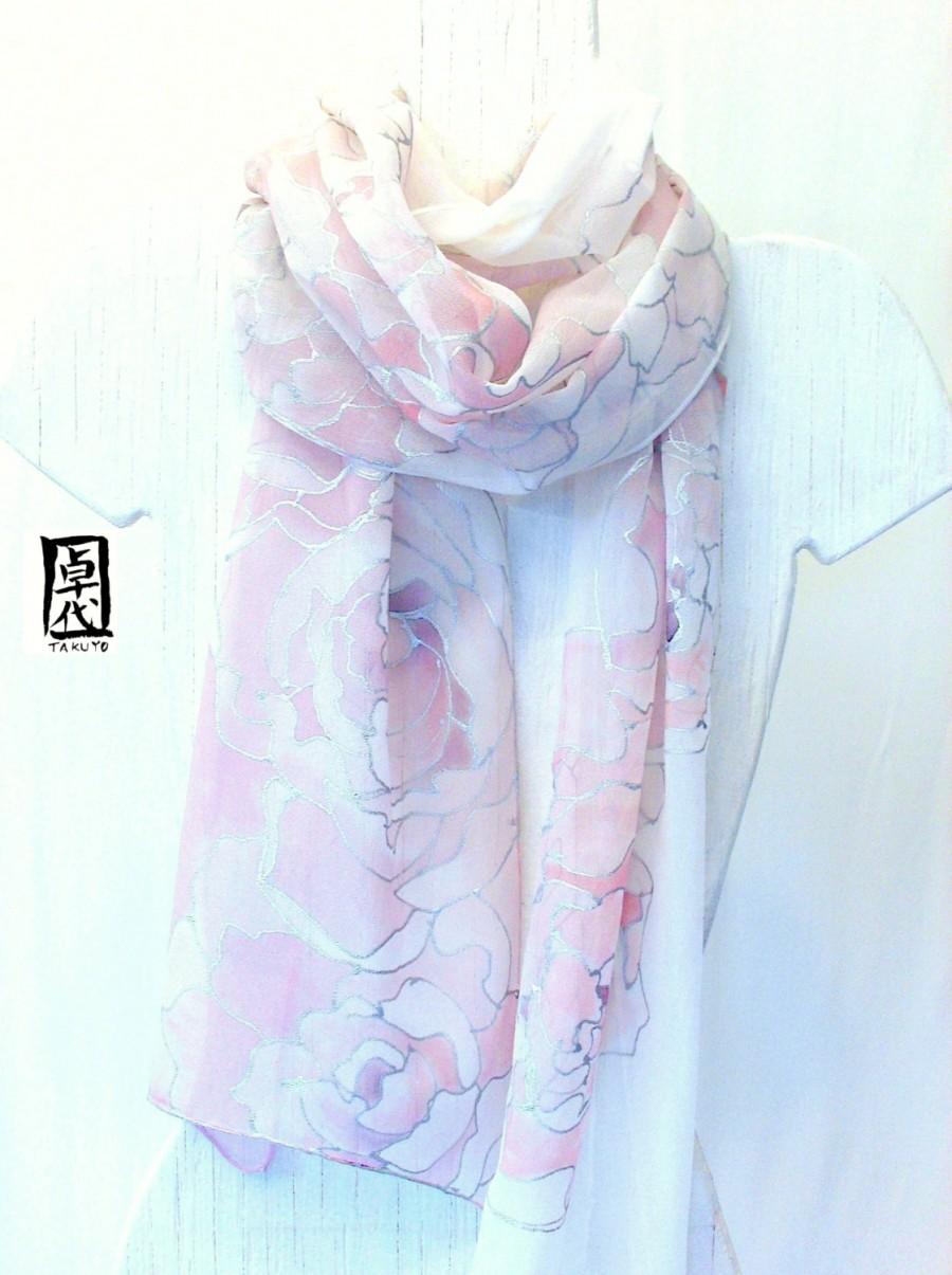 زفاف - Hand Painted Silk Scarf, White Scarf, Pastel Pink Peonies, Wedding Scarf, Silk Chiffon Scarf, Floral Silk Scarf, 11x90 inches. Made to Order