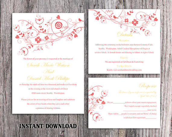 Mariage - DIY Wedding Invitation Template Set Editable Word File Instant Download Floral Wedding Invitation Bird Invitation Printable red Invitations