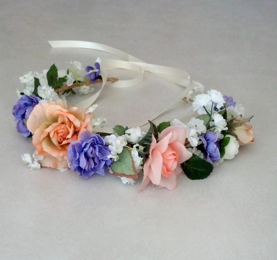 زفاف - Bridal headpiece -Rosie- Flower crown, purple peach lavender artificial rose headband hair wreath halo silk Australia Wedding Accessories