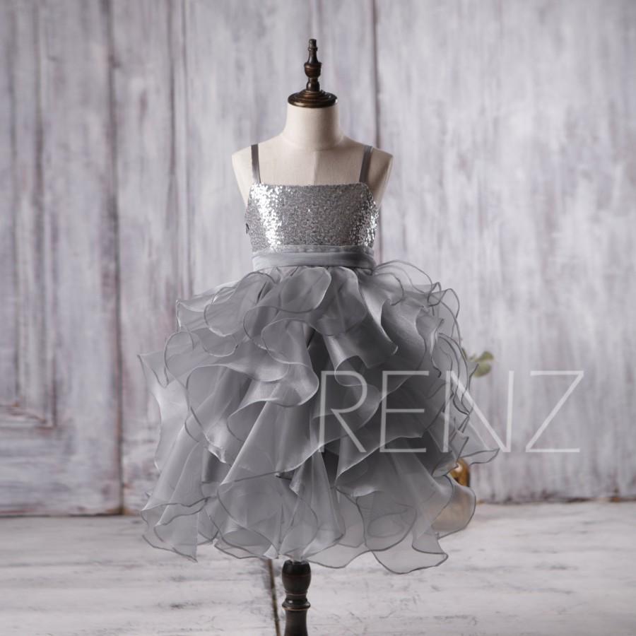 Свадьба - 2016 Silver Sequin Junior Bridesmaid Dress, Charcoal Grey Ruffle Hard Mesh Flower Girl Dress, Spaghetti Straps Puffy Dress (HK210)