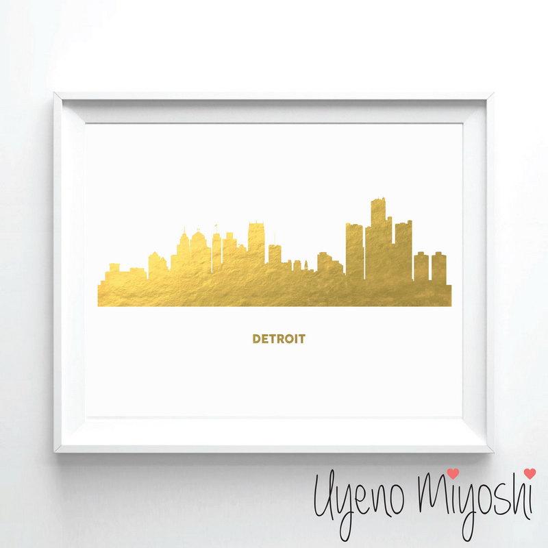 Wedding - Detroit Skyline Gold Foil Print, Gold Print, Custom Print in Gold, Illustration Art Print, Detroit Michigan Skyline Gold Foil Art Print