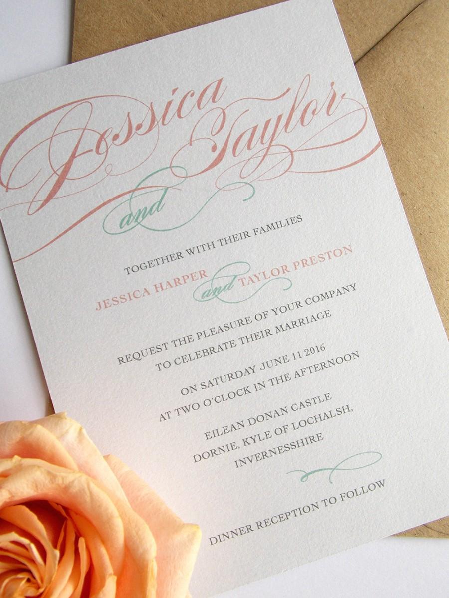 Wedding - Printable Wedding Invitation / RSVP Card / Information Card - Elegant Calligraphy - Coral and Mint. Purchase separately