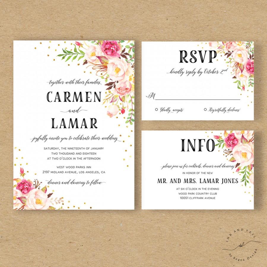 Свадьба - Floral Wedding Invitation Printable Suite, Boho Wedding Invite, Bohemian Wedding Invitation Set, Peonies Digital Glitter Gold Stripe- Carmen