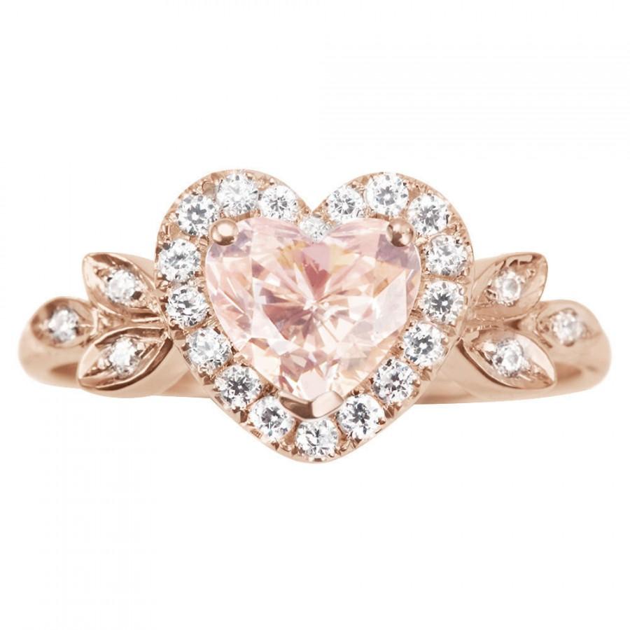 زفاف - Morganite Engagement Ring, Heart Ring, 14K Rose Gold Ring, Unique Engagment Ring, Love Ring, Halo Ring, Art Deco Ring.