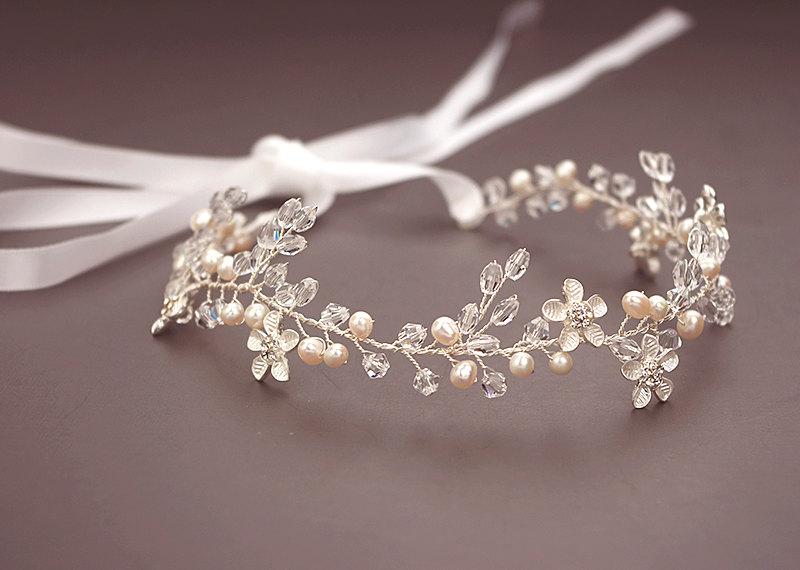 Wedding - Freshwater Pearl& Crystal Hair Vine, Wedding Floral Headband, Bridal Headpiece, Wedding halo, Rhinestone Feadband, Ribbon, Silver