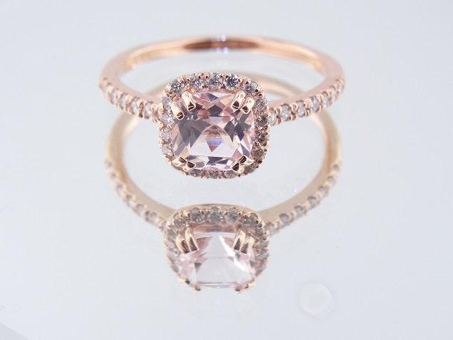 زفاف - 14K Rose Gold Cushion Cut Morganite Diamond Halo Engagement Ring Wedding Ring Anniversary Ring Promise Ring Solitaire Ring Alternative Ring