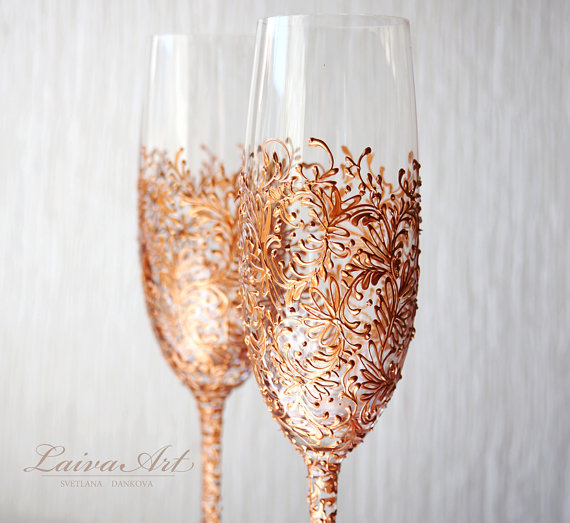 Hochzeit - Rose Gold Wedding Champagne Flutes Wedding Champagne Glasses Rose Gold Toasting Flutes Gold Wedding Set of 2