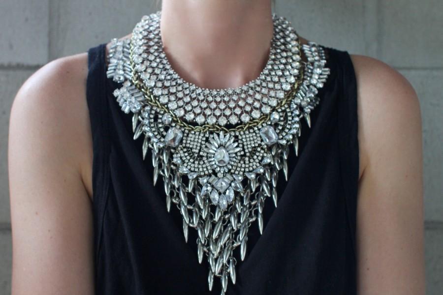 زفاف - Statement Necklace - Handcrafted: Harlem. Silver and Bronze crystal layered stacked rhinestone ethnic bohemian necklace