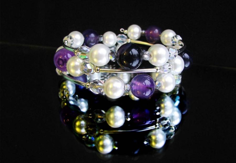 Wedding - Bracelet on memory wire,bracelet with white and purple beads,memory wire wrap bracelet,beaded bracelet,bangle bracelet,silver bracelet,beads