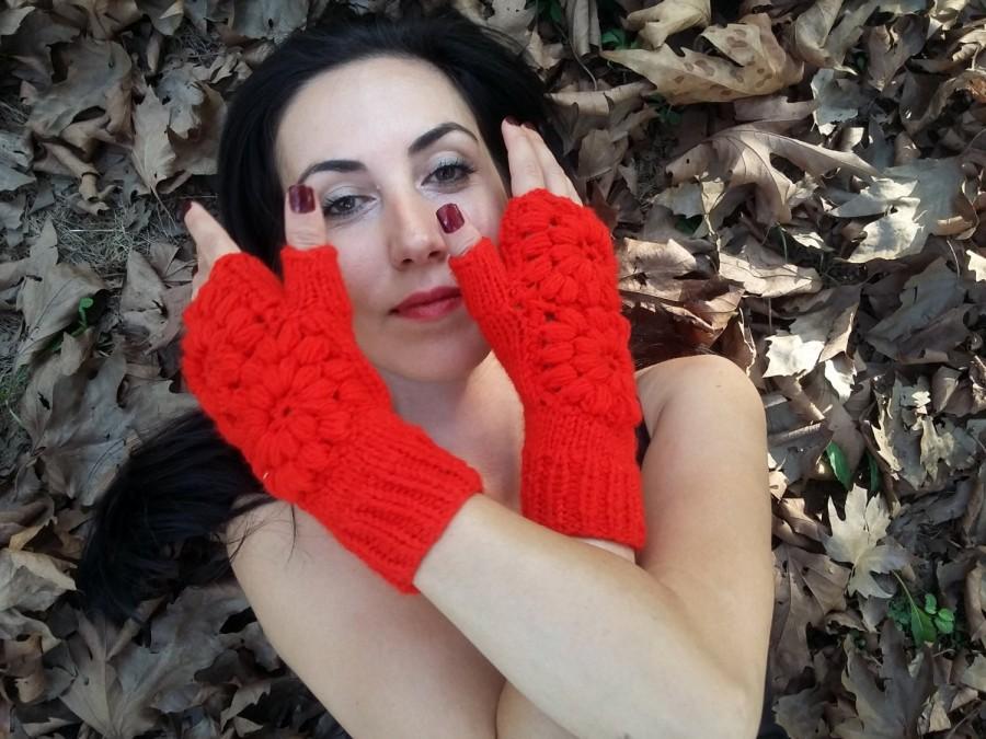 Wedding - Red Knit Gloves, Gloves Crochet, Red Handmade Gloves, Fingerless Gloves, Knitted Gloves, Winter Glove, Hand Warmer, Women Glove, Arm Warmers