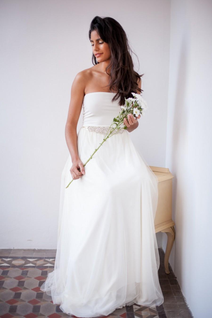 زفاف - Tulle wedding dress, Two piece tulle dress and crystal sash, Romantic tulle bridal gown, Long tulle skirt, Wedding skirt, Silky Bridal tulle