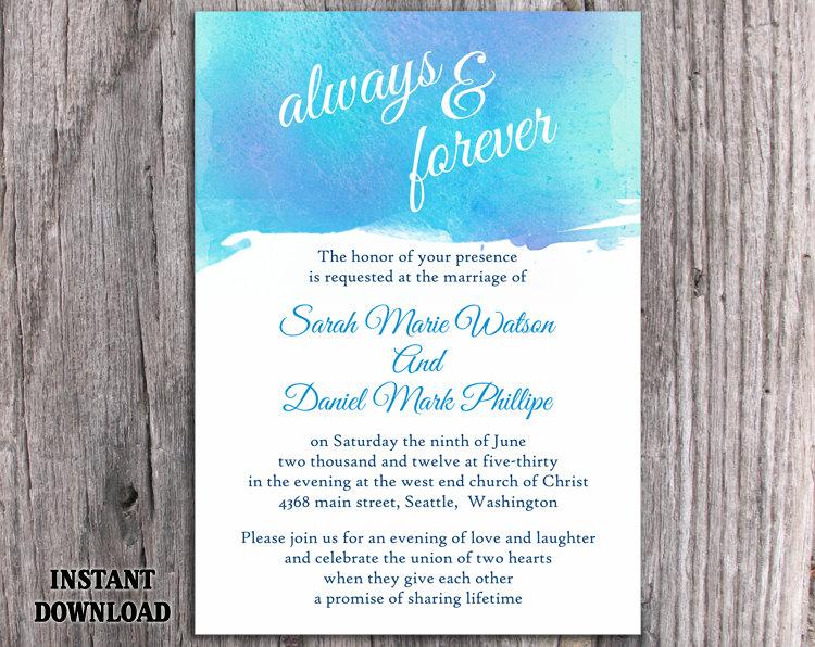 Hochzeit - DIY Watercolor Wedding Invitation Template Editable Word File Download Printable Invitation Blue Invitation Purple Watercolor Invitation