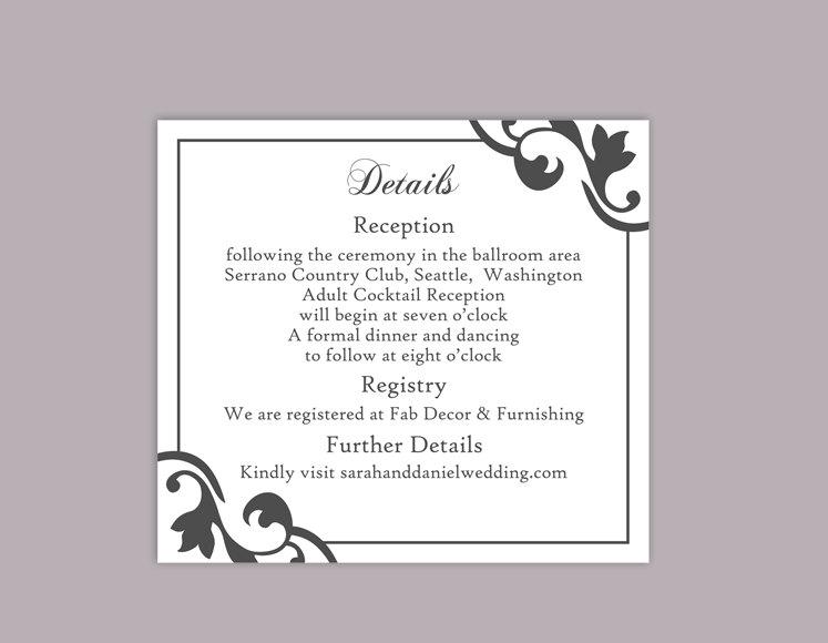 Wedding - DIY Wedding Details Card Template Editable Text Word File Download Printable Details Card Black Details Card Elegant Enclosure Cards