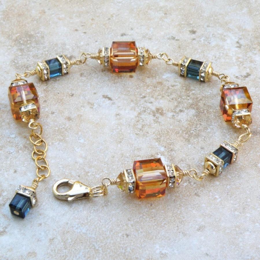 Mariage - Amber Crystal Bracelet, Gold Filled, Copper and Sapphire Blue Swarovski Cube, Fall Wedding Gift, Autumn Bridesmaid Handmade Jewelry