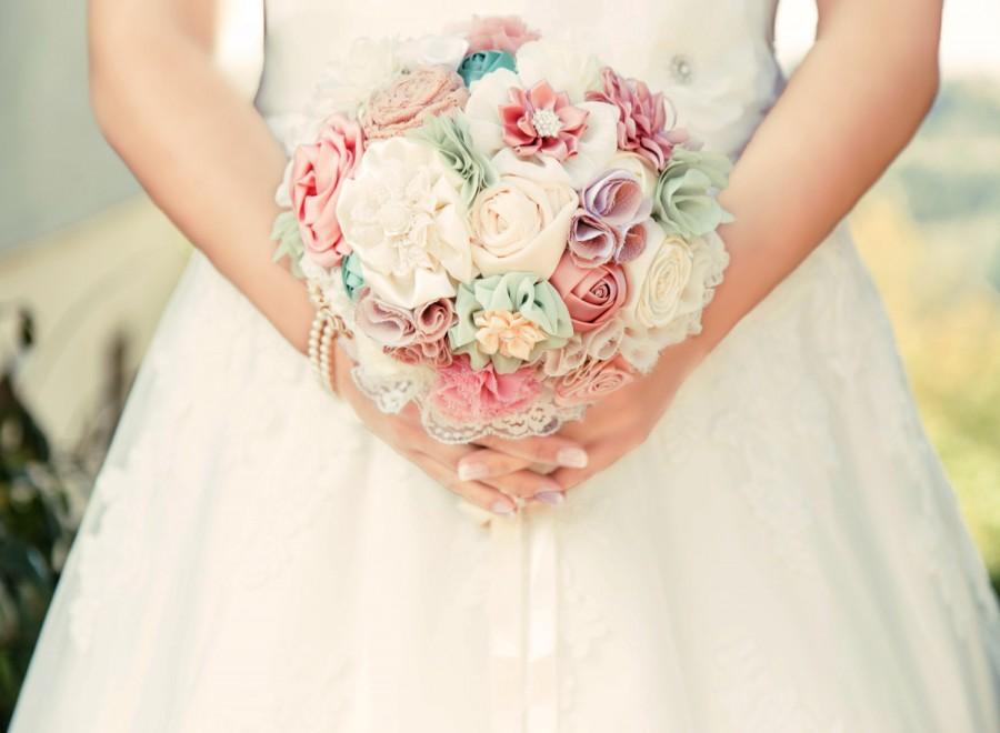 Mariage - Spring Wedding bouquet, bridal bouquet,men boutonnieres, pastel bouquet, fabric flowers custom bouquet