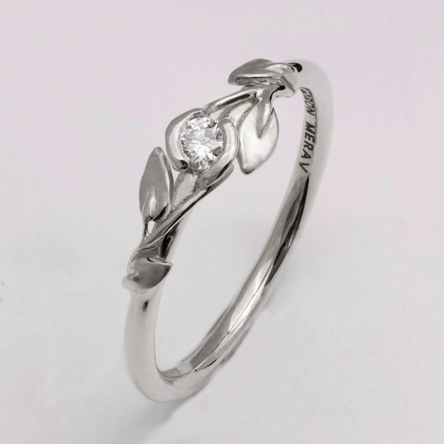Wedding - Leaves Engagement Ring - 14K White Gold and Diamond engagement ring, engagement ring, leaf ring, filigree, antique, art nouveau, vintage