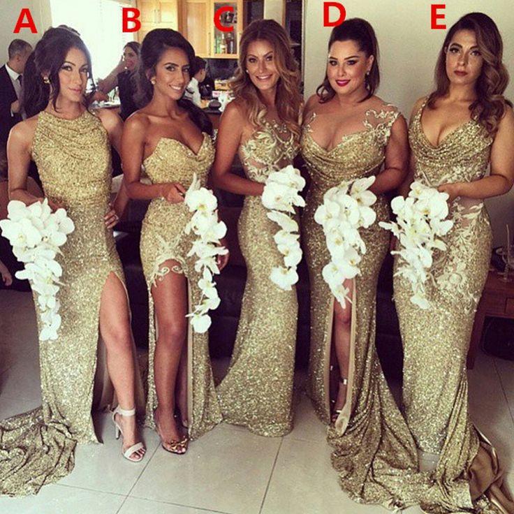 Wedding - Sexy Unique Mismatched Gold Seuin Side Split Sparkly Women Long Wedding Party Dresses For Bridesmaids, WG86