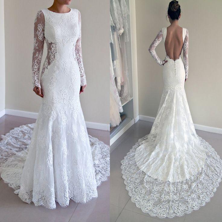 Mariage - Gorgeous Round Neck Long Sleeve Sexy Mermaid Backless Lace Wedding Party Dresses, WD0040