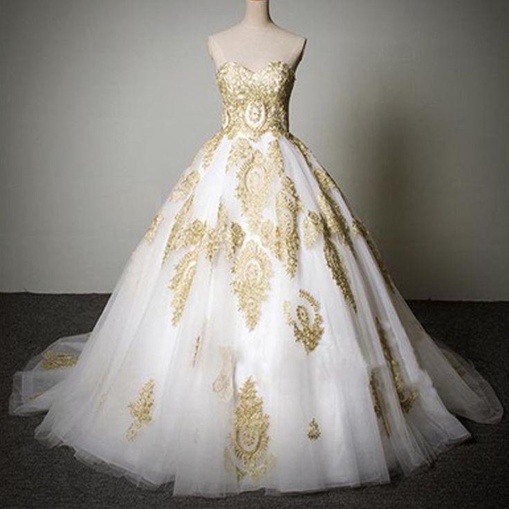 زفاف - Cheap Popular Classic Sweetheart Gold Lace White Tulle Wedding Party Dresses, WD0071