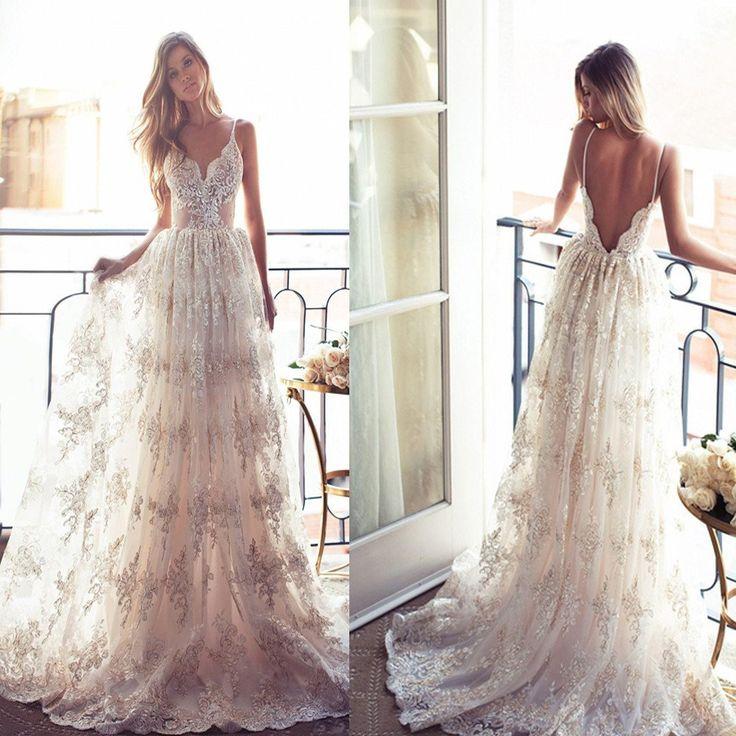 زفاف - Long A-line Spaghetti V-back Sexy Lace Bridal Gown, Wedding Party Dress, WD0046