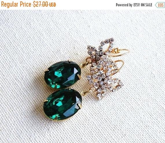 Hochzeit - Mega SALE Emerald Green Earrings Foiled Oval Stone Rhinestone Gold Butterfly BE25