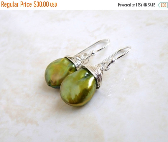 Wedding - Mega SALE Green Coin Pearl Wire Wrapped Sterling Dangle Earrings GE5
