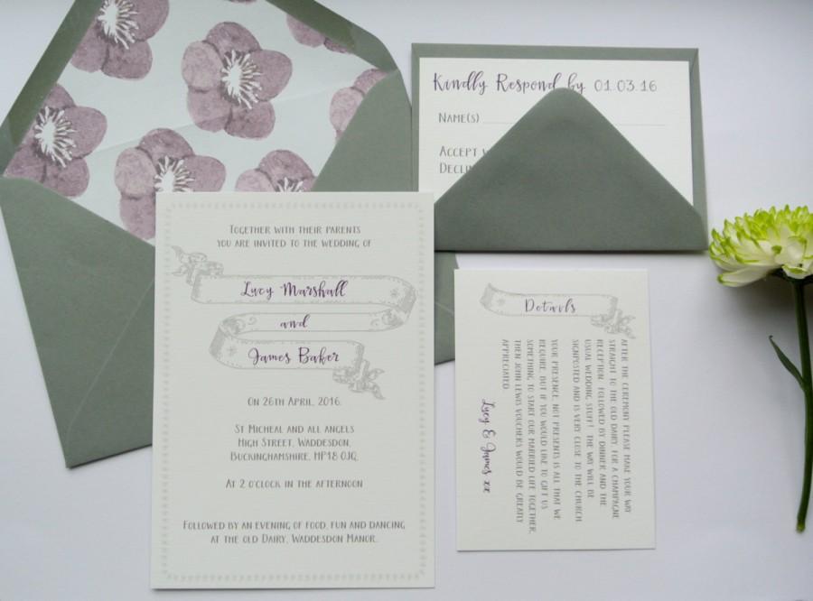 Wedding - Grey Sketched Banner Wedding Invitation, Dark Purple Font and floral lined envelope. *Sample*