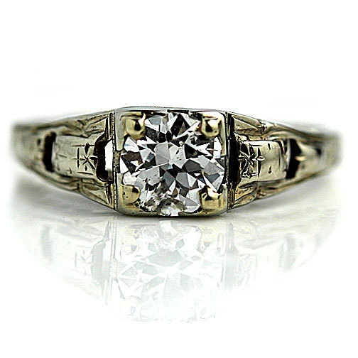 Hochzeit - Antique Engagement Ring .80ctw 14Kt White Gold Art Deco Solitaire Old European Cut Engagement Ring Antique Filigree Ring Size 7!