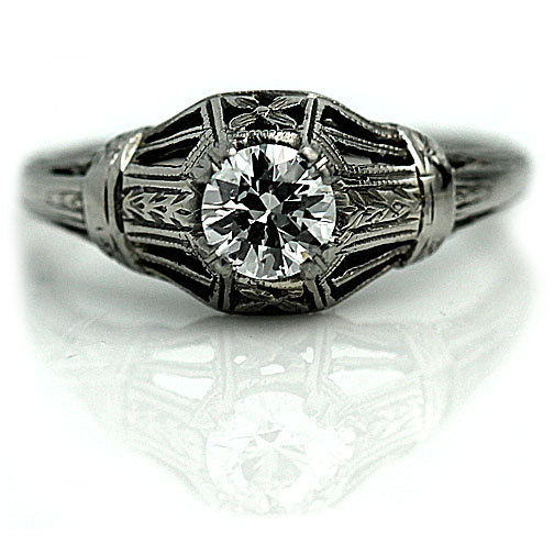 Wedding - Art Deco Engagement Ring GIA .42ct Antique Diamond Ring 18 Kt White Gold Solitaire Ring 1930s Ring Vintage Estate Ring Filigree Ring!