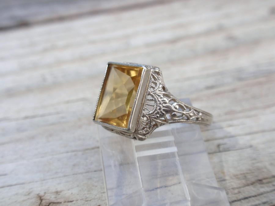زفاف - Victorian Citrine Filigree 10k Art Deco Ring Antique Ladies lemon yellow canary November birthstone white gold Ostby Barton Maltese cross
