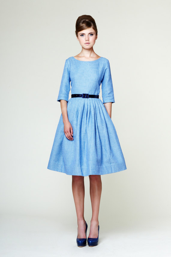 زفاف - Wedding dress blue, wedding dress with colour, 1950s inspired dress, 50s inspired dress, blue tea length dress, blue plus size dress