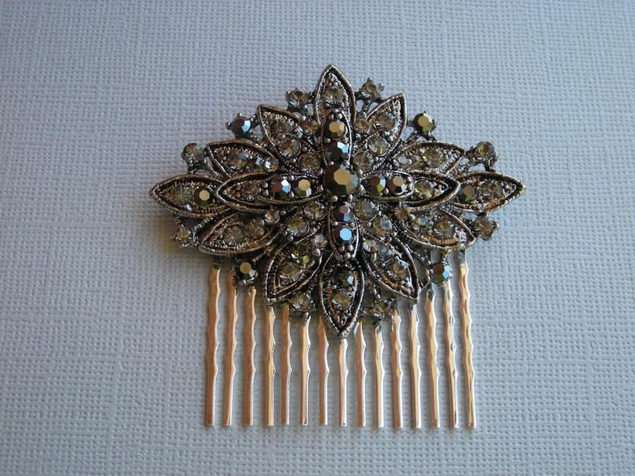Hochzeit - MADELYN ~ Bridal Art Deco Flower Hematite with Austrian Crystals Hair Comb