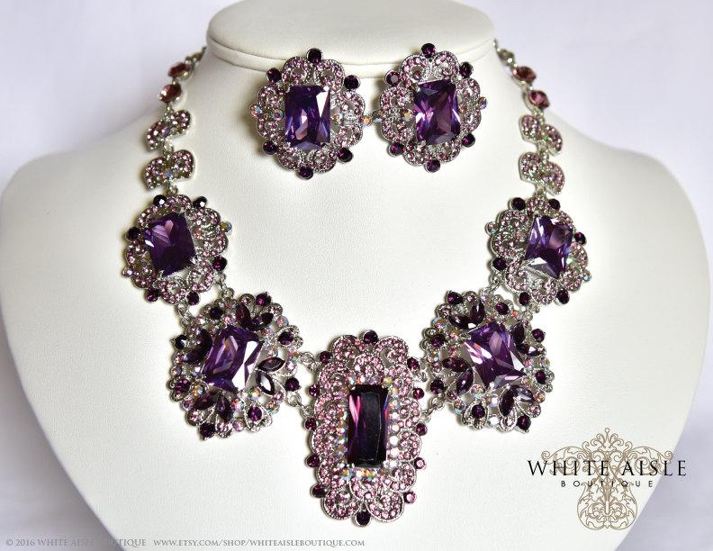 Wedding - Purple Bridal Jewelry Set, Statement Necklace Earrings, Vintage Inspired Necklace, Crystal Necklace, Bridal Jewelry Set, Evening
