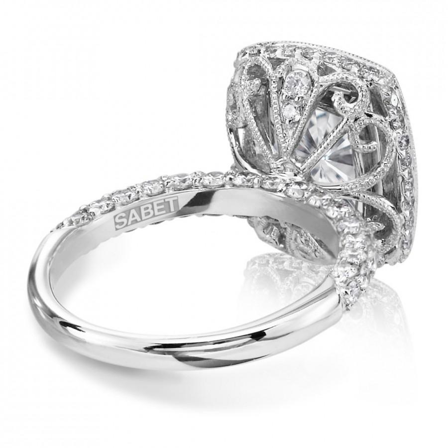 Mariage - Moissanite & Diamond Halo Engagement Ring 18kt White Gold 3.90ct Radiant Cut Center 1.36ct EFVS2 Natural Diamonds Pristine Custom Rings