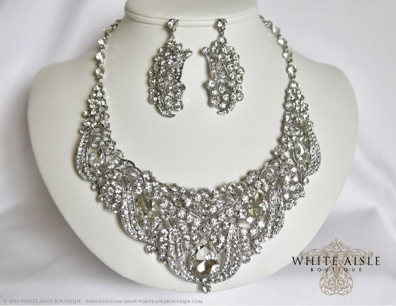 Wedding - Bridal Jewelry Set, Vintage Inspired Statement Necklace, Chunky Necklace Earring Set, Hollywood Glamour Necklace, Chunky Necklace