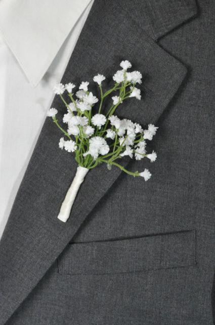 Mariage - Wedding Flowers, White, ivory baby breath boutonniere wrapped in ivory satin ribbon.