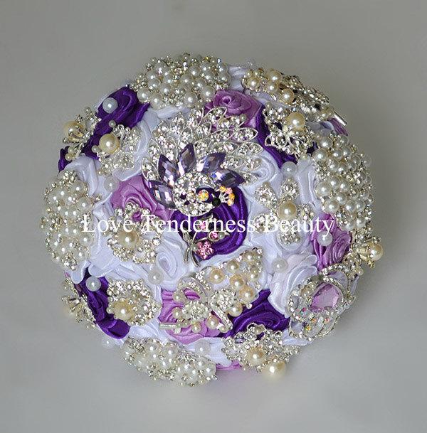 Hochzeit - Brooch Bouquet, Purple White Silver Wedding Bouquet, Bridesmaids Bouquet, Wedding Decor, Jewelry bouquet,  Bridal Bouquet, Crystal bouquet