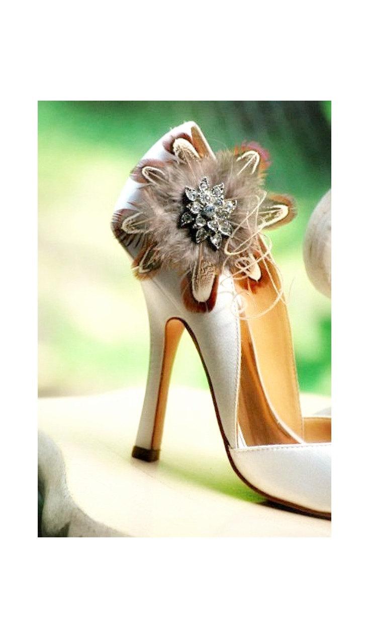 زفاف - Autumn Feather Shoe Clips Statement Rhinestone Crystals, Bridal Bride Bridesmaid Wedding Fashion, Elegant Stylish, Sand Bronze Copper Golden