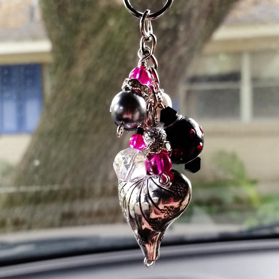 Petite Middle Eastern Indian Colorful Silver Red Rear View Mirror Car Charm Car Accessory Crystal Bling Dangle Gift Idea