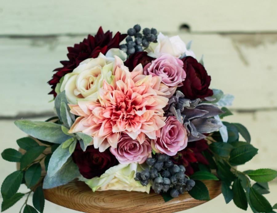 Hochzeit - Silk Plum Blush Fall Winter Wedding Bouquet - Dahlia Pink Plum and Blush Rose - Silk Bouquet