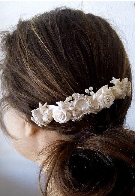 Hochzeit - Beach Wedding Comb, Pearls Crystals Flowers Hair Comb, wedding accessory, bridal headpiece by Nikush