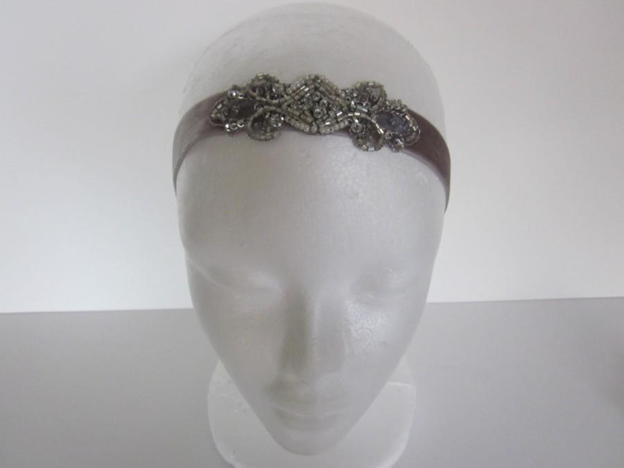 Wedding - Silver Great Gatsby Headband, champagne gold, bronze, gray Flapper Style Great Gatsby Art Deco 1920s Beaded Headpiece Gray velvet ribbon