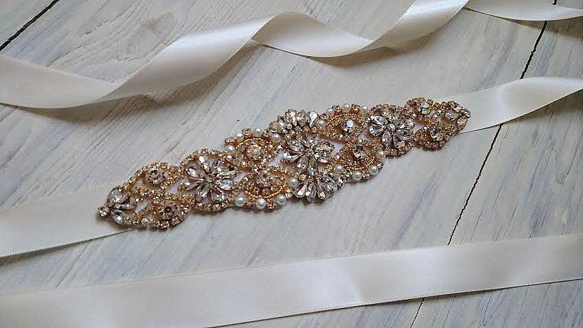 زفاف - Gold Bridal Crystal Sash. Rose Gold Rhinestone Pearl Applique Wedding Belt. Silver Bridal Sash. VINTAGE MODE GOLD